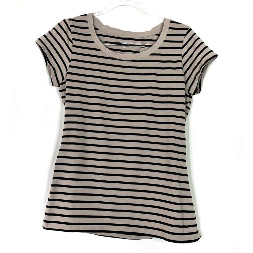 Susan Bristol | Tan Black Stripe Y2K Tee Shirt Short Sleeve Womens Large
